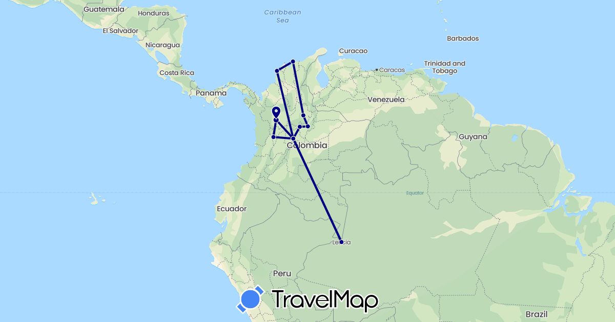 TravelMap itinerary: driving in Belize, Colombia (North America, South America)